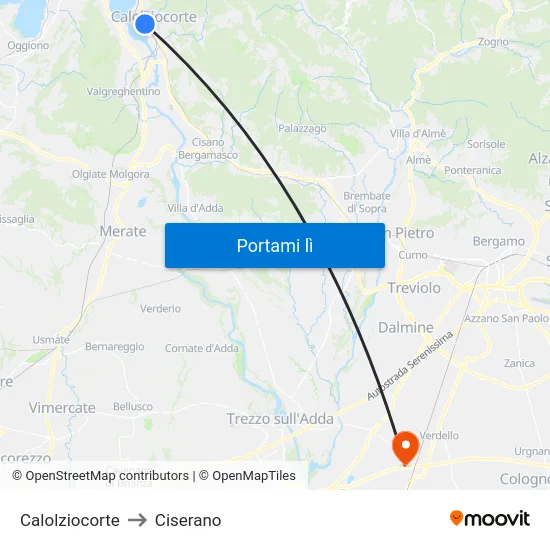 Calolziocorte to Ciserano map