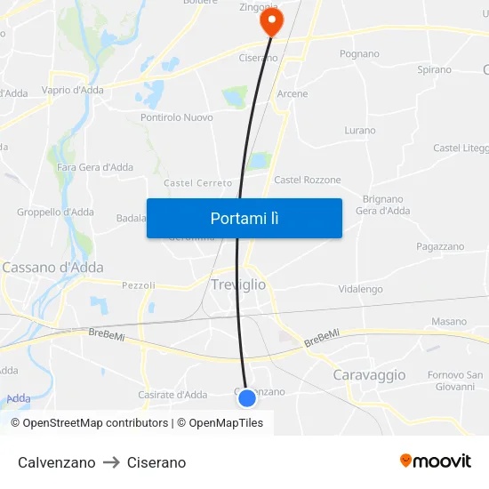 Calvenzano to Ciserano map