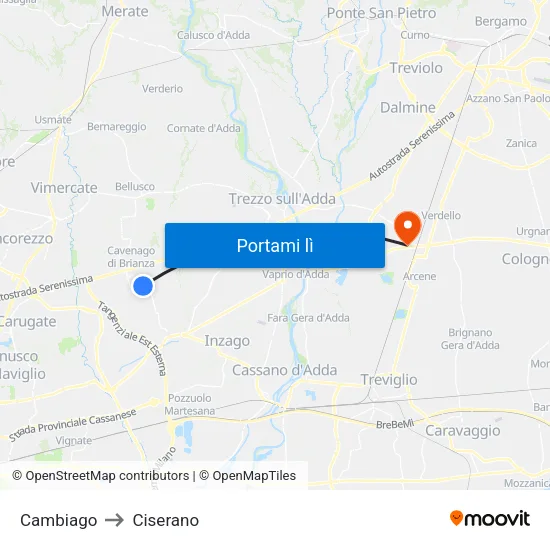 Cambiago to Ciserano map