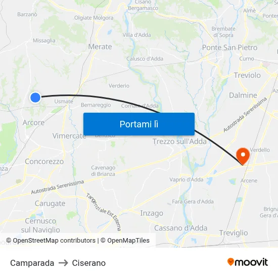 Camparada to Ciserano map