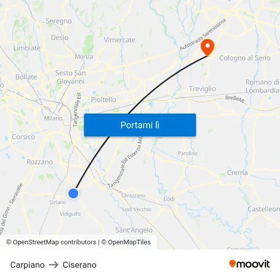 Carpiano to Ciserano map