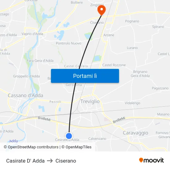 Casirate D' Adda to Ciserano map