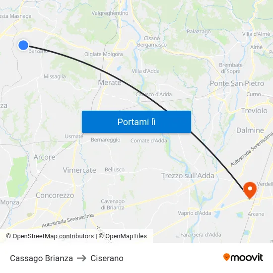 Cassago Brianza to Ciserano map