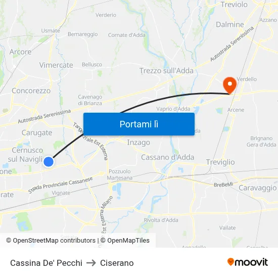 Cassina De' Pecchi to Ciserano map