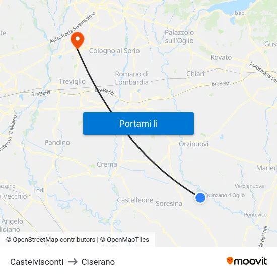 Castelvisconti to Ciserano map