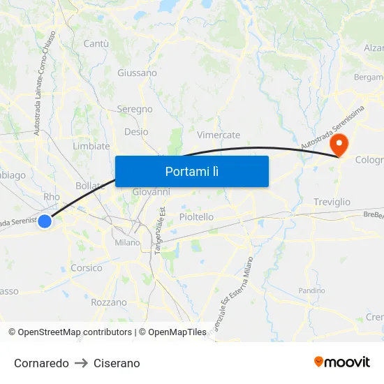 Cornaredo to Ciserano map