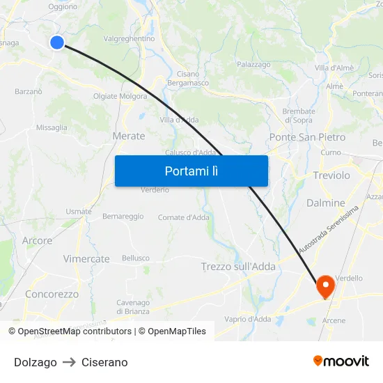 Dolzago to Ciserano map