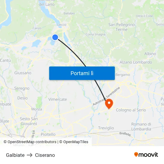 Galbiate to Ciserano map