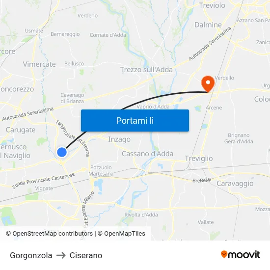 Gorgonzola to Ciserano map