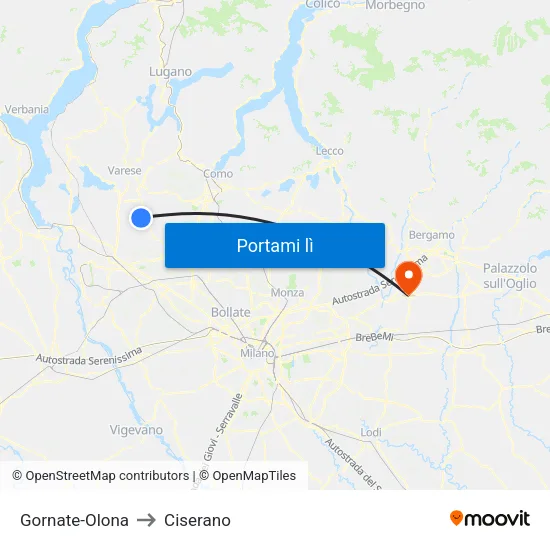 Gornate-Olona to Ciserano map
