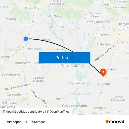 Lomagna to Ciserano map