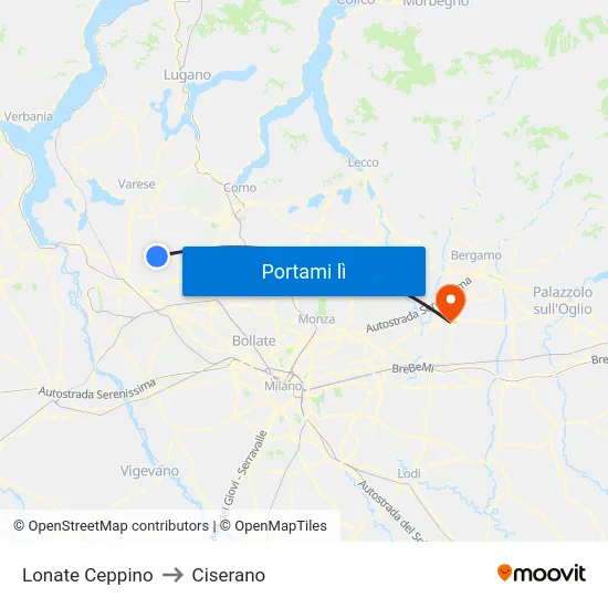 Lonate Ceppino to Ciserano map