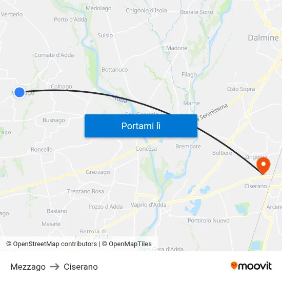 Mezzago to Ciserano map