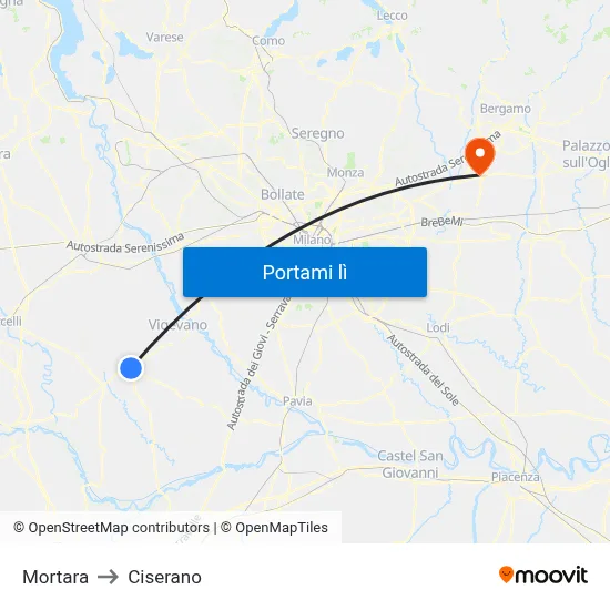 Mortara to Ciserano map