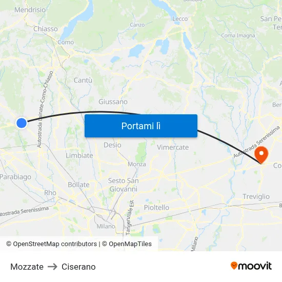 Mozzate to Ciserano map