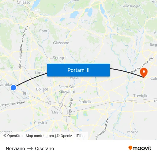 Nerviano to Ciserano map
