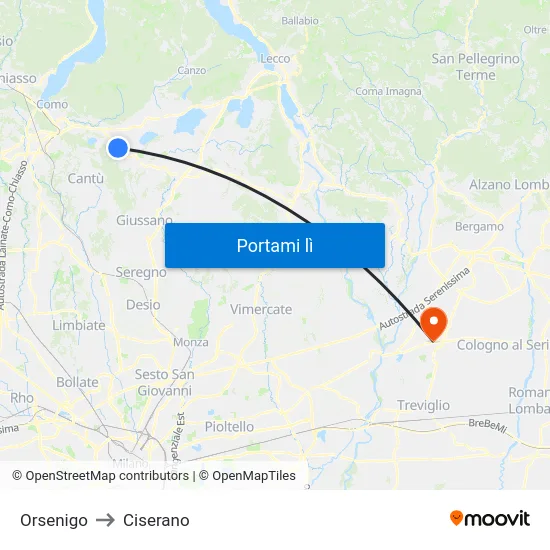 Orsenigo to Ciserano map