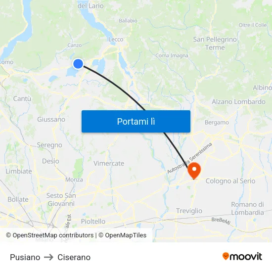 Pusiano to Ciserano map