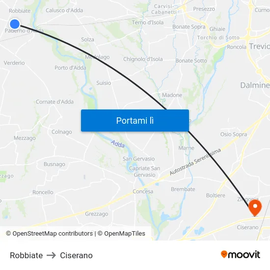 Robbiate to Ciserano map