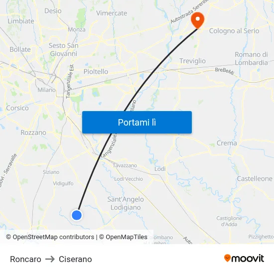 Roncaro to Ciserano map