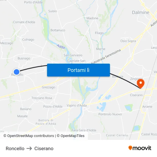 Roncello to Ciserano map