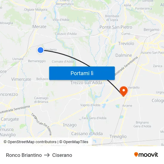 Ronco Briantino to Ciserano map