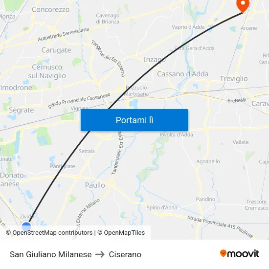 San Giuliano Milanese to Ciserano map