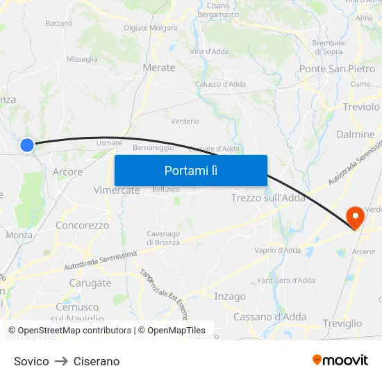 Sovico to Ciserano map
