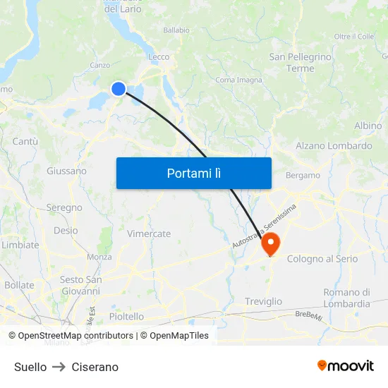 Suello to Ciserano map