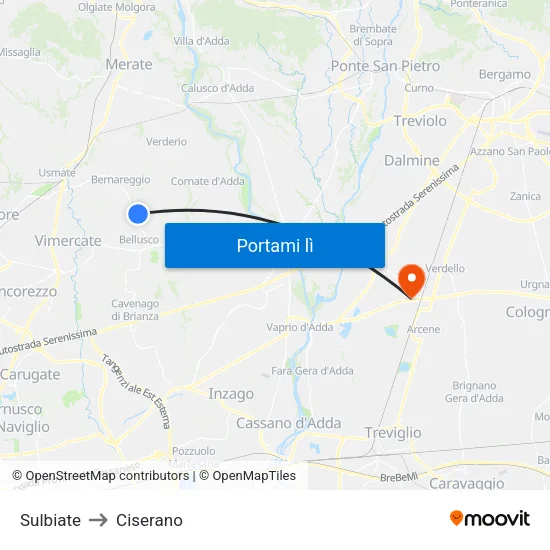 Sulbiate to Ciserano map
