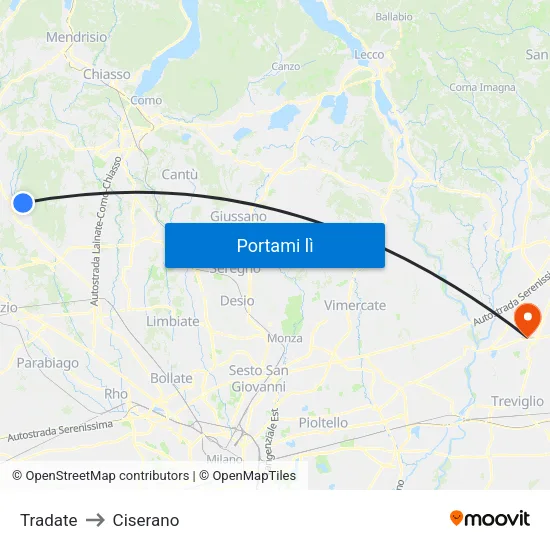 Tradate to Ciserano map