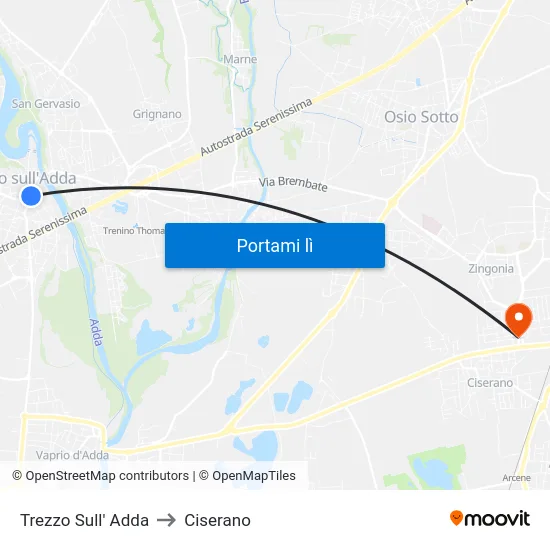 Trezzo Sull' Adda to Ciserano map