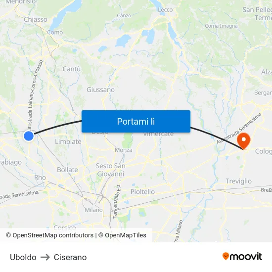 Uboldo to Ciserano map