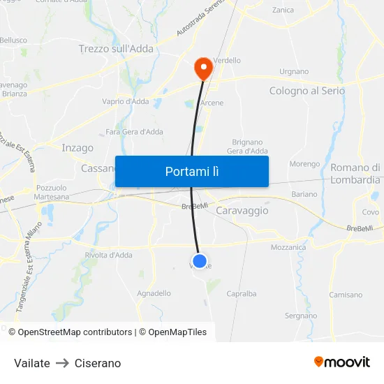 Vailate to Ciserano map
