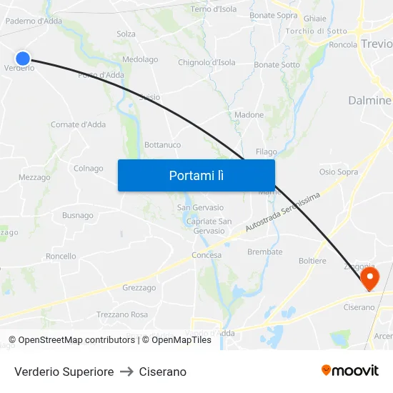 Verderio Superiore to Ciserano map