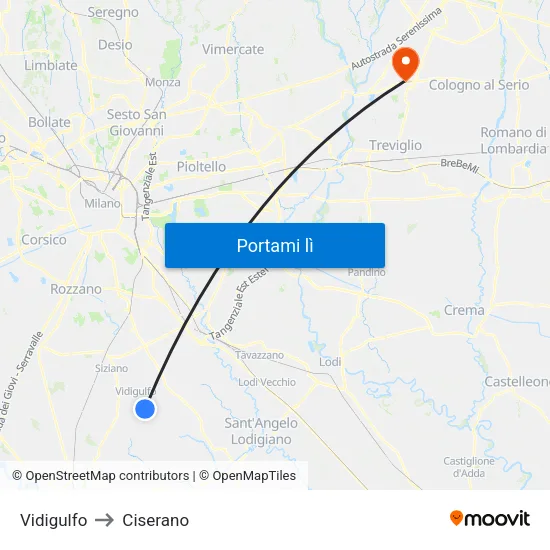 Vidigulfo to Ciserano map