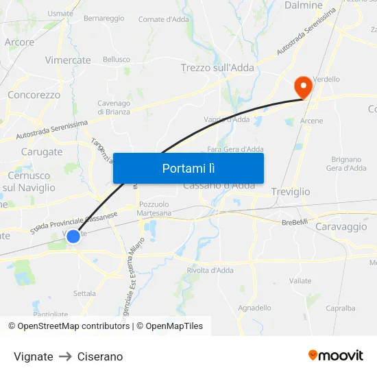 Vignate to Ciserano map