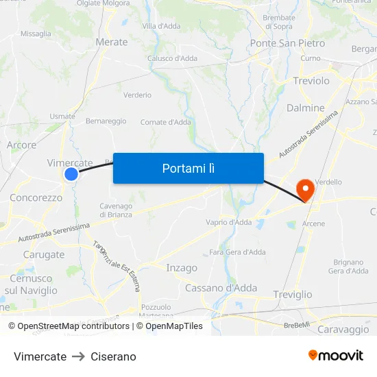 Vimercate to Ciserano map