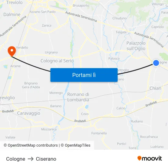 Cologne to Ciserano map