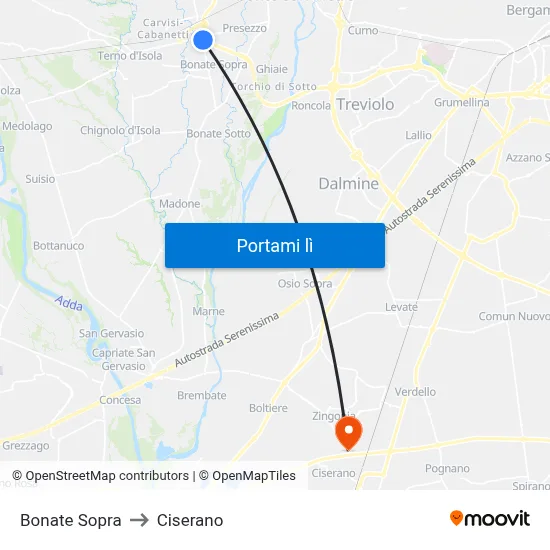 Bonate Sopra to Ciserano map