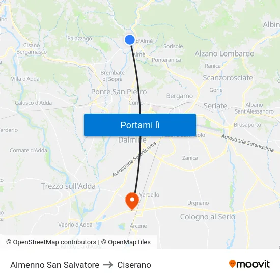 Almenno San Salvatore to Ciserano map