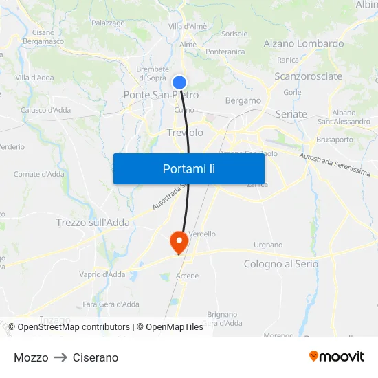 Mozzo to Ciserano map