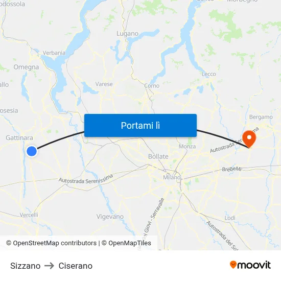 Sizzano to Ciserano map