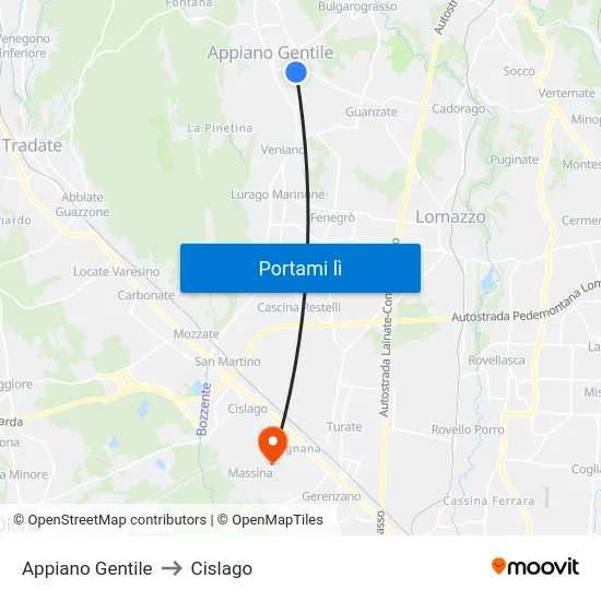 Appiano Gentile to Cislago map