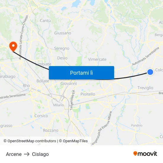 Arcene to Cislago map