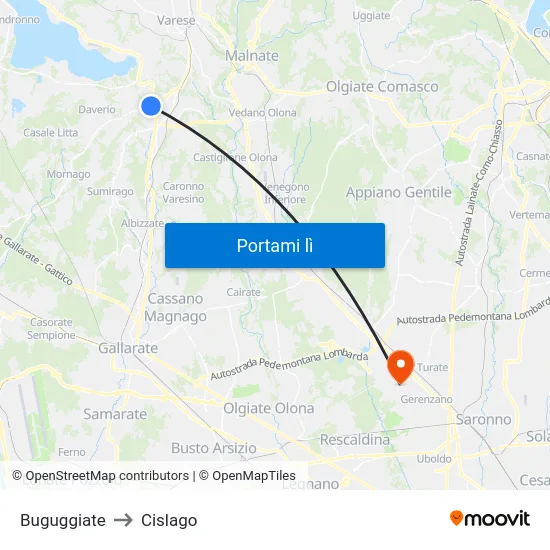 Buguggiate to Cislago map