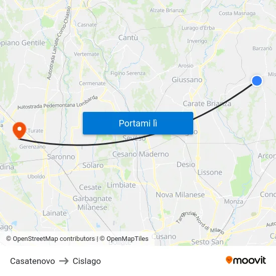 Casatenovo to Cislago map