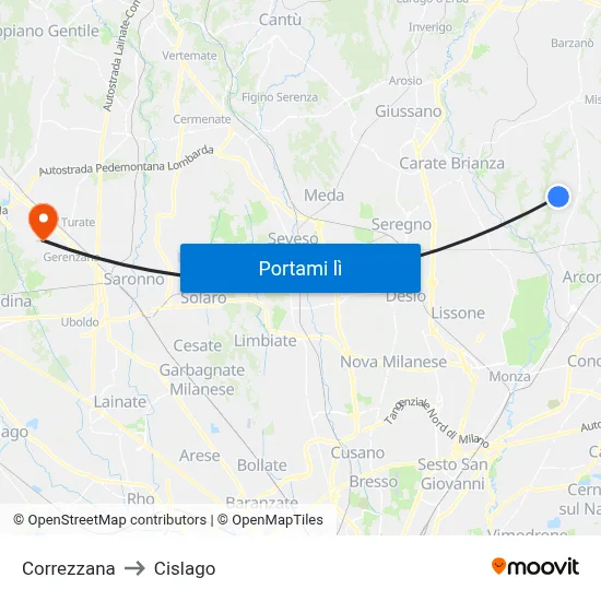Correzzana to Cislago map