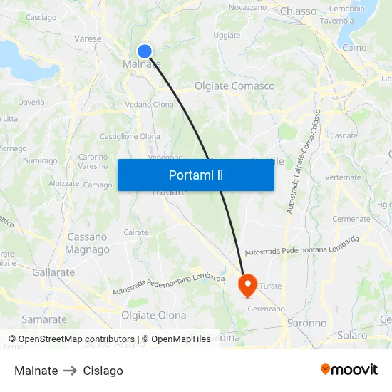 Malnate to Cislago map