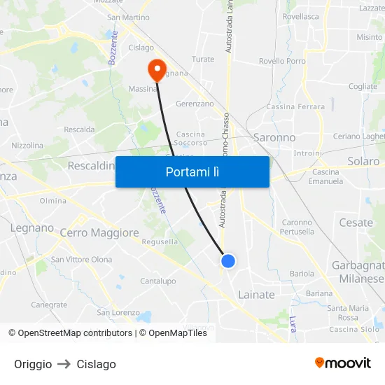 Origgio to Cislago map